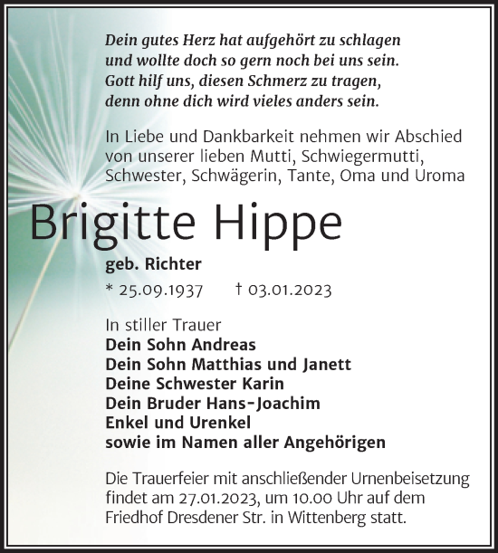 Traueranzeige von Brigitte Hippe von Trauerkombi Wittenberg