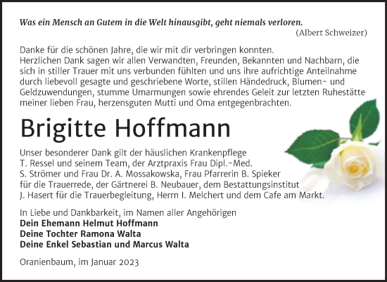 Traueranzeige von Brigitte Hoffmann von Trauerkombi Wittenberg