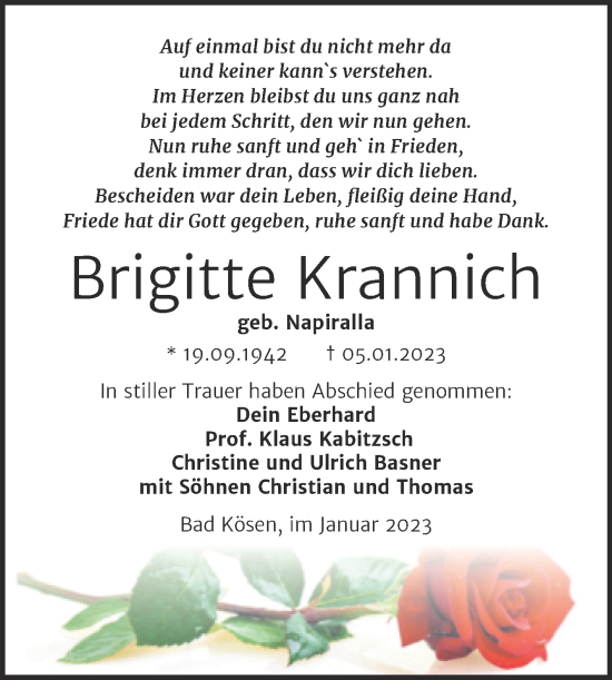 Traueranzeige von Brigitte Krannich von Wochenspiegel Naumburg/Nebra
