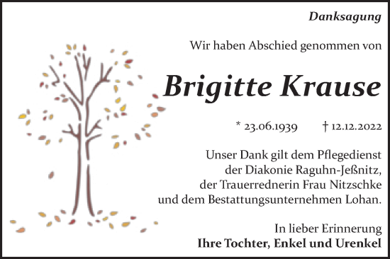 Traueranzeige von Brigitte Krause von Trauerkombi Bitterfeld