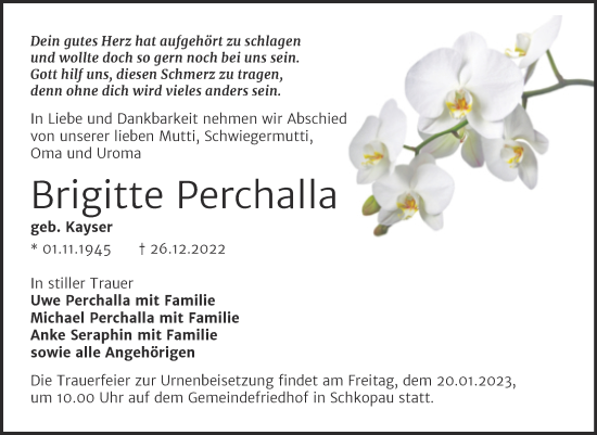 Traueranzeige von Brigitte Perchalla von Trauerkombi Merseburg