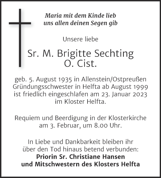 Traueranzeige von Brigitte Sechting von Mitteldeutsche Zeitung Mansfelder Land