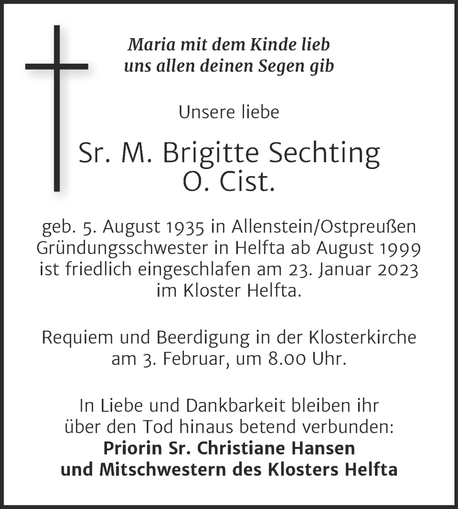  Traueranzeige für Brigitte Sechting vom 28.01.2023 aus Mitteldeutsche Zeitung Mansfelder Land