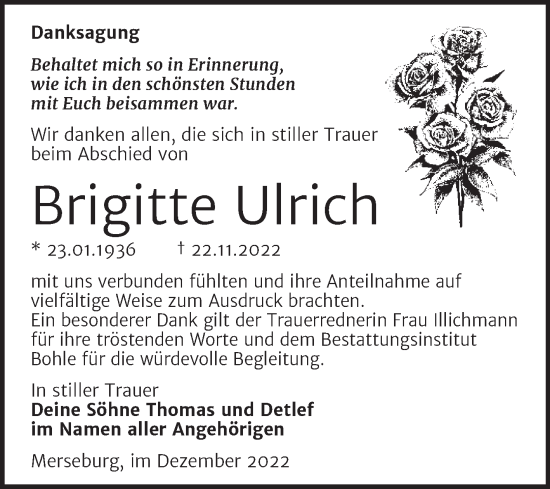Traueranzeige von Brigitte Ulrich von Trauerkombi Merseburg