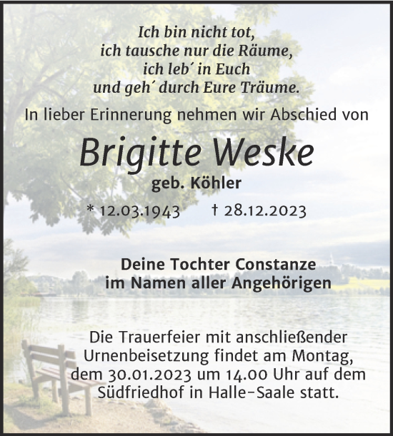 Traueranzeige von Brigitte Weske von Mitteldeutsche Zeitung Halle/Saalkreis