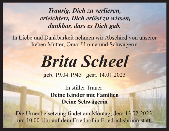Traueranzeige von Brita Scheel von Trauerkombi Quedlinburg