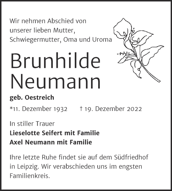 Traueranzeige von Brunhilde Neumann von Trauerkombi Dessau