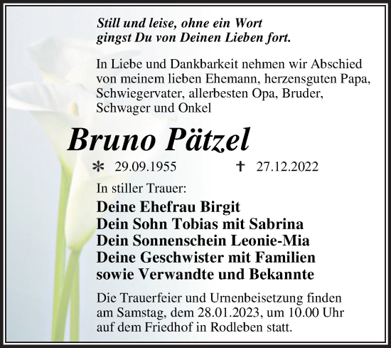 Traueranzeige von Bruno Pätzel von Trauerkombi Dessau
