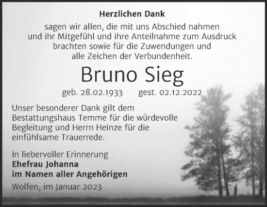 Traueranzeige von Bruno Sieg von Mitteldeutsche Zeitung Bitterfeld