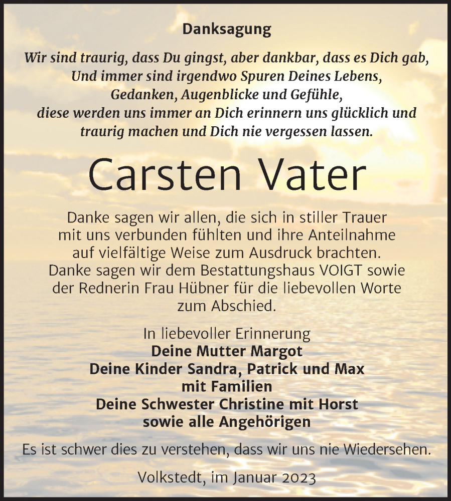  Traueranzeige für Carsten Vater vom 14.01.2023 aus Trauerkombi Mansfelder Land