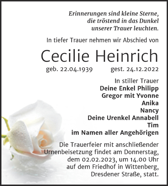Traueranzeige von Cecilie Heinrich von Trauerkombi Wittenberg