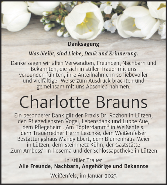 Traueranzeige von Charlotte Brauns von Trauerkombi Weißenfels