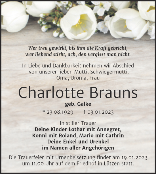 Traueranzeige von Charlotte Brauns von Trauerkombi Weißenfels
