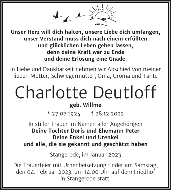 Traueranzeige von Charlotte Deutloff von Trauerkombi Mansfelder Land