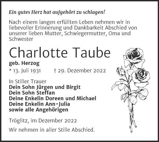 Traueranzeige von Charlotte Taube von Trauerkombi Zeitz