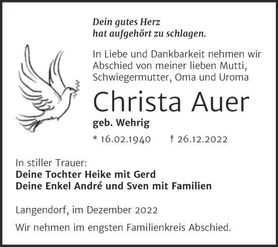 Traueranzeige von Christa Auer von Trauerkombi Weißenfels