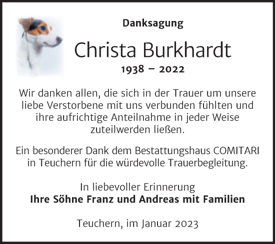 Traueranzeige von Christa Burkhardt von Trauerkombi Weißenfels