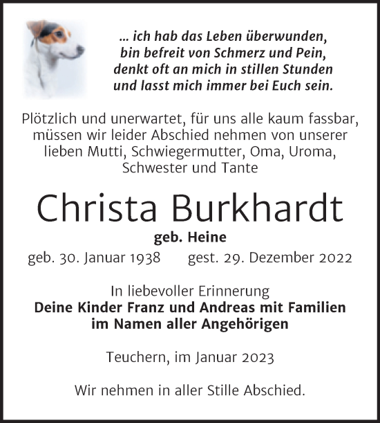 Traueranzeige von Christa Burkhardt von Trauerkombi Weißenfels