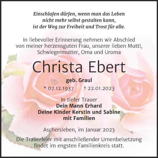 Traueranzeige von Christa Ebert von Trauerkombi Aschersleben