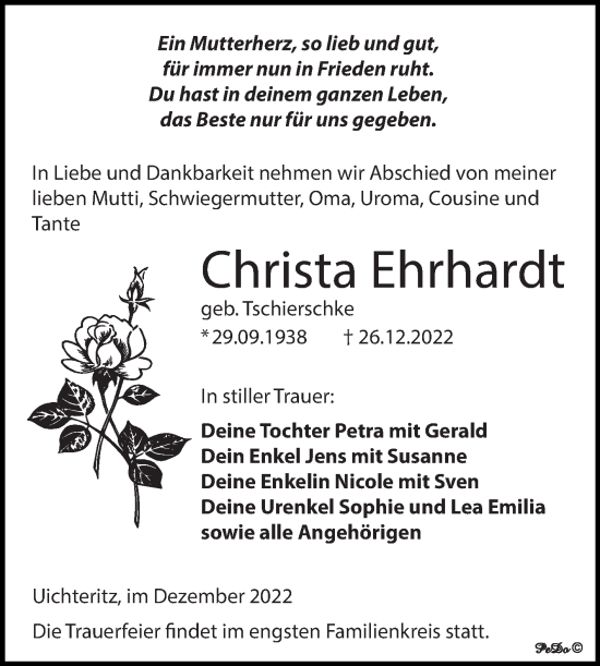 Traueranzeige von Christa Ehrhardt von Trauerkombi Weißenfels