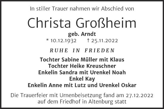 Traueranzeige von Christa Großheim von Trauerkombi Aschersleben