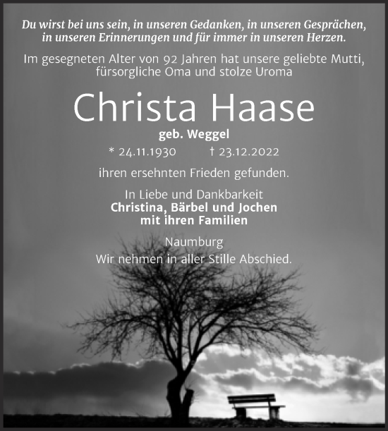 Traueranzeige von Christa Haase von Wochenspiegel Naumburg/Nebra