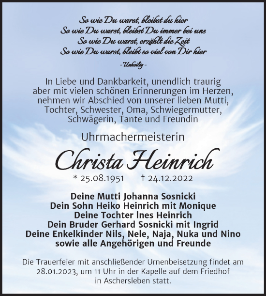 Traueranzeige von Christa Heinrich von Trauerkombi Aschersleben