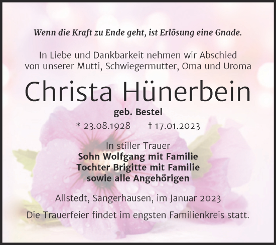 Traueranzeige von Christa Hünerbein von Trauerkombi Sangerhausen