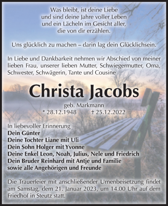 Traueranzeige von Christa Jacobs von Mitteldeutsche Zeitung Dessau-Roßlau