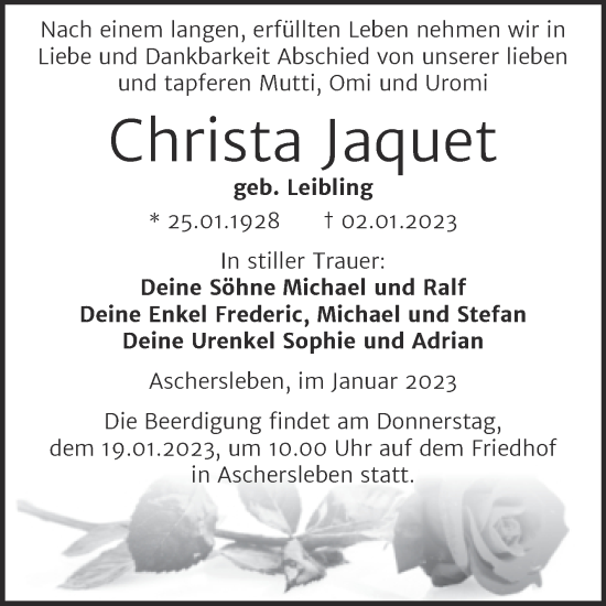 Traueranzeige von Christa Jaquet von Trauerkombi Aschersleben