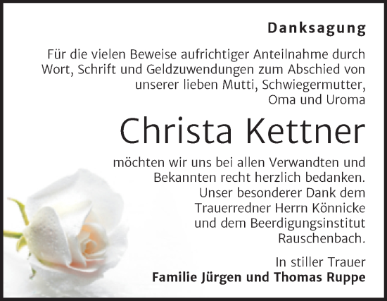 Traueranzeige von Christa Kettner von Wochenspiegel Naumburg/Nebra
