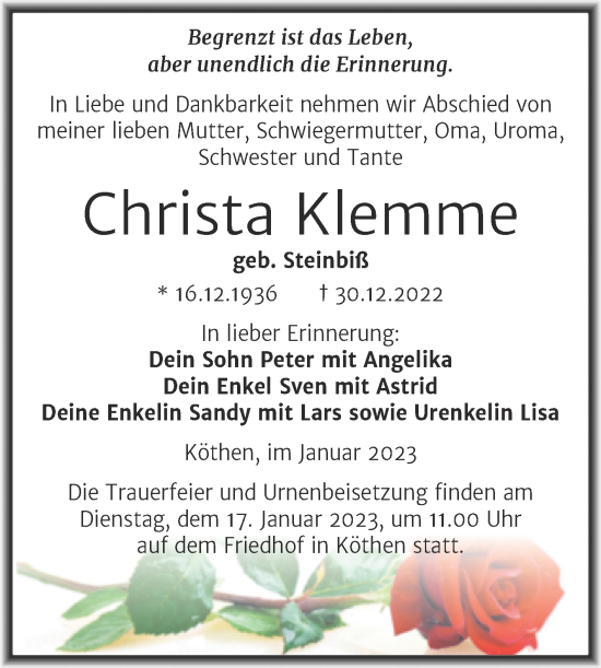 Traueranzeige von Christa Klemme von Trauerkombi Köthen