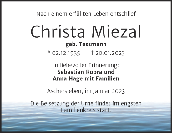 Traueranzeige von Christa Miezal von Trauerkombi Aschersleben