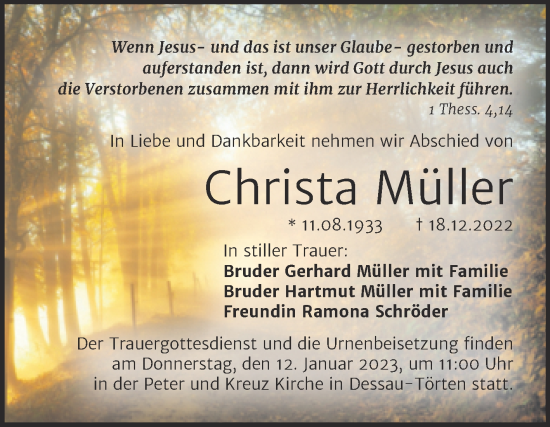 Traueranzeige von Christa Müller von Trauerkombi Dessau
