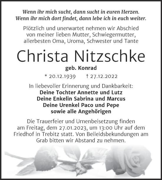 Traueranzeige von Christa Nitzschke von Trauerkombi Wittenberg