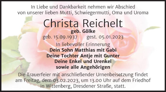Traueranzeige von Christa Reichelt von Trauerkombi Wittenberg