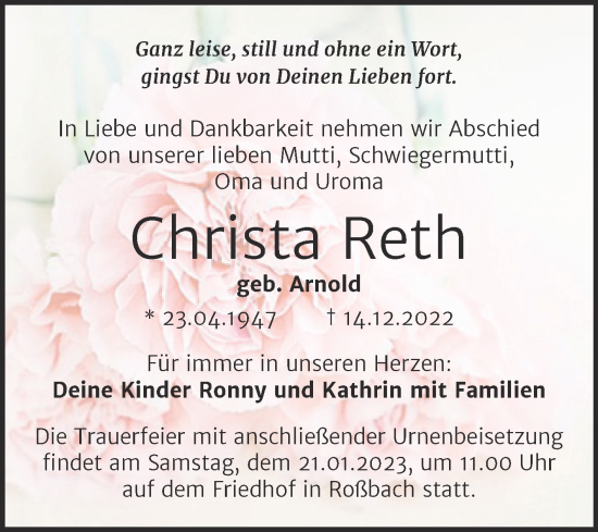 Traueranzeige von Christa Reth von Trauerkombi Merseburg