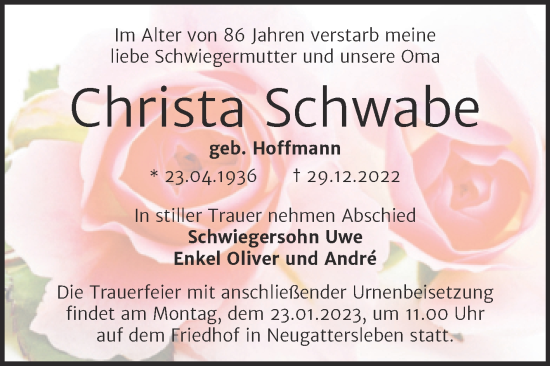 Traueranzeige von Christa Schwabe von Trauerkombi Bernburg