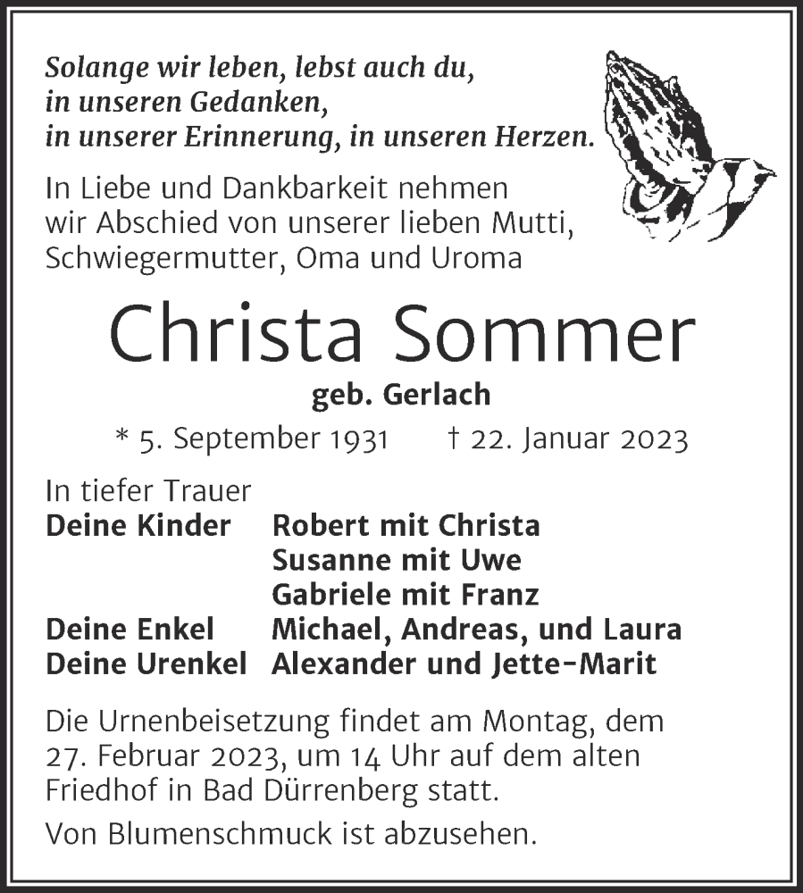  Traueranzeige für Christa Sommer vom 28.01.2023 aus Trauerkombi Merseburg