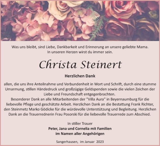 Traueranzeige von Christa Steinert von Trauerkombi Sangerhausen