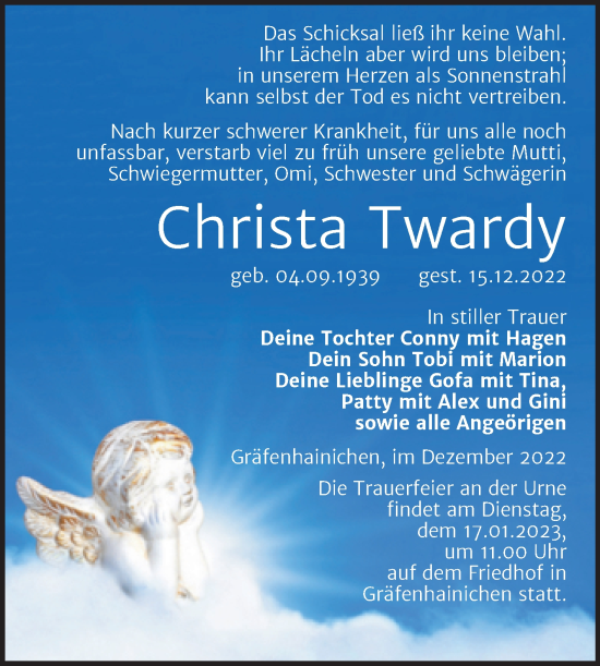 Traueranzeige von Christa Twardy von Trauerkombi Wittenberg