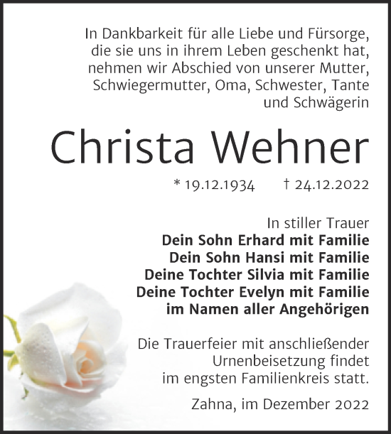 Traueranzeige von Christa Wehner von Trauerkombi Wittenberg