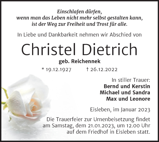 Traueranzeige von Christel Dietrich von Trauerkombi Mansfelder Land