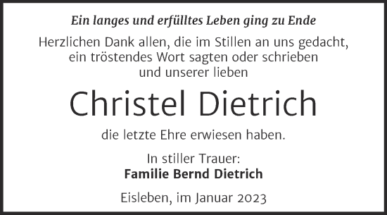 Traueranzeige von Christel Dietrich von Trauerkombi Mansfelder Land
