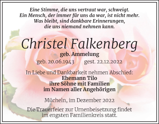 Traueranzeige von Christel Falkenberg von Trauerkombi Merseburg