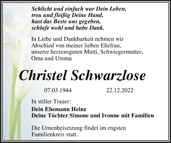 Traueranzeige von Christel Schwarzlose von Trauerkombi Wittenberg