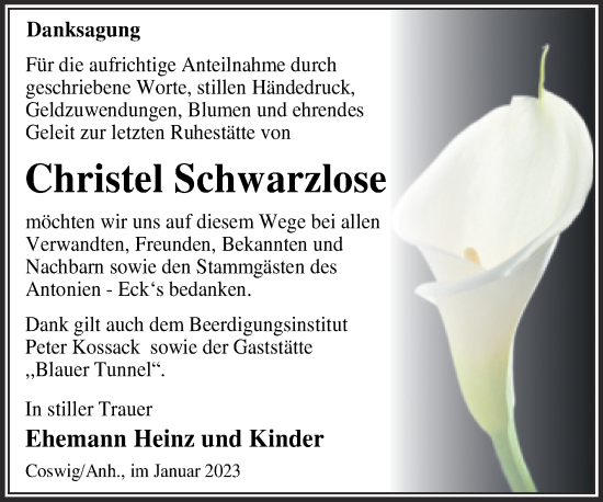 Traueranzeige von Christel Schwarzlose von Trauerkombi Wittenberg