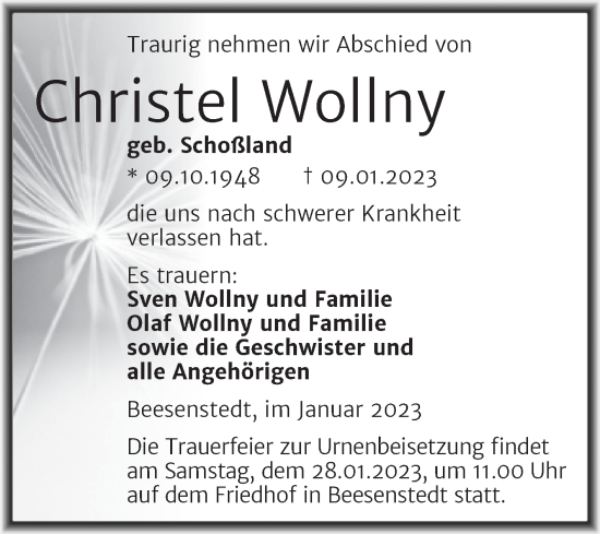 Traueranzeige von Christel Wollny von Mitteldeutsche Zeitung Halle/Saalkreis