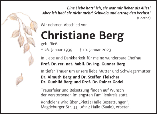 Traueranzeige von Christiane Berg von Mitteldeutsche Zeitung Halle/Saalkreis
