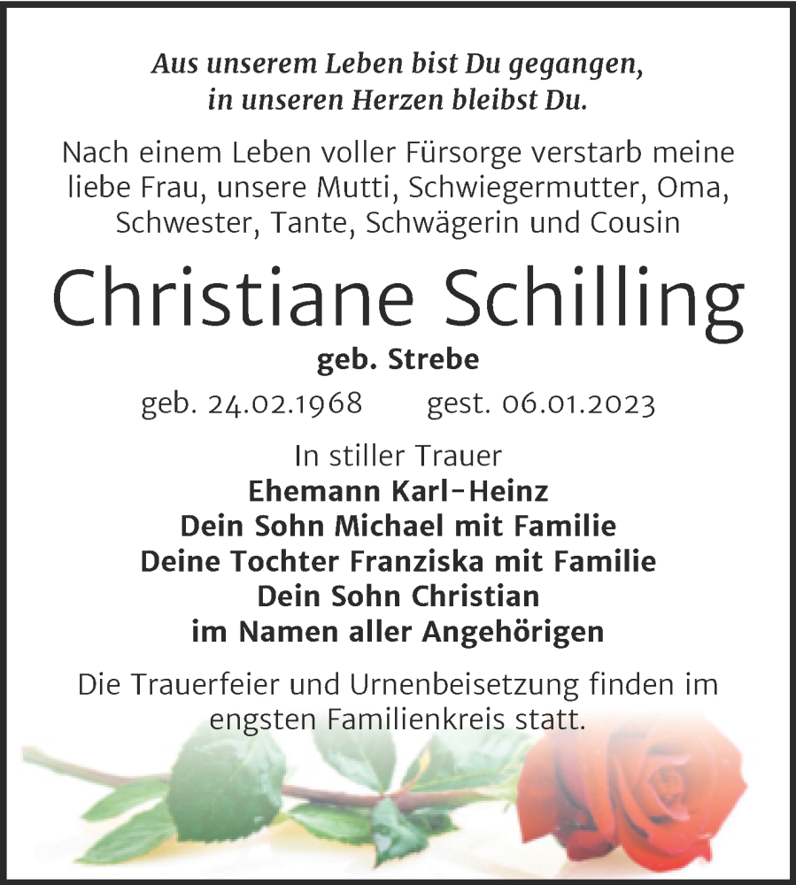  Traueranzeige für Christiane Schilling vom 12.01.2023 aus Mitteldeutsche Zeitung Sangerhausen